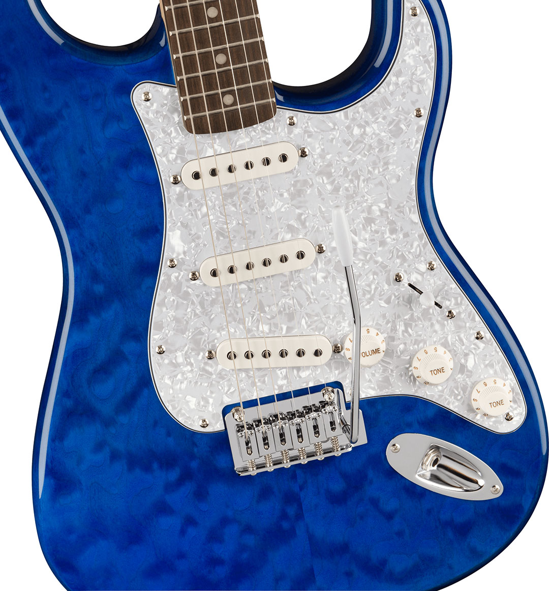 FSR Affinity Series™ Stratocaster® QMT, Laurel Fingerboard, White Pearloid Pickguard, Sapphire Blue Transparent - Image 3