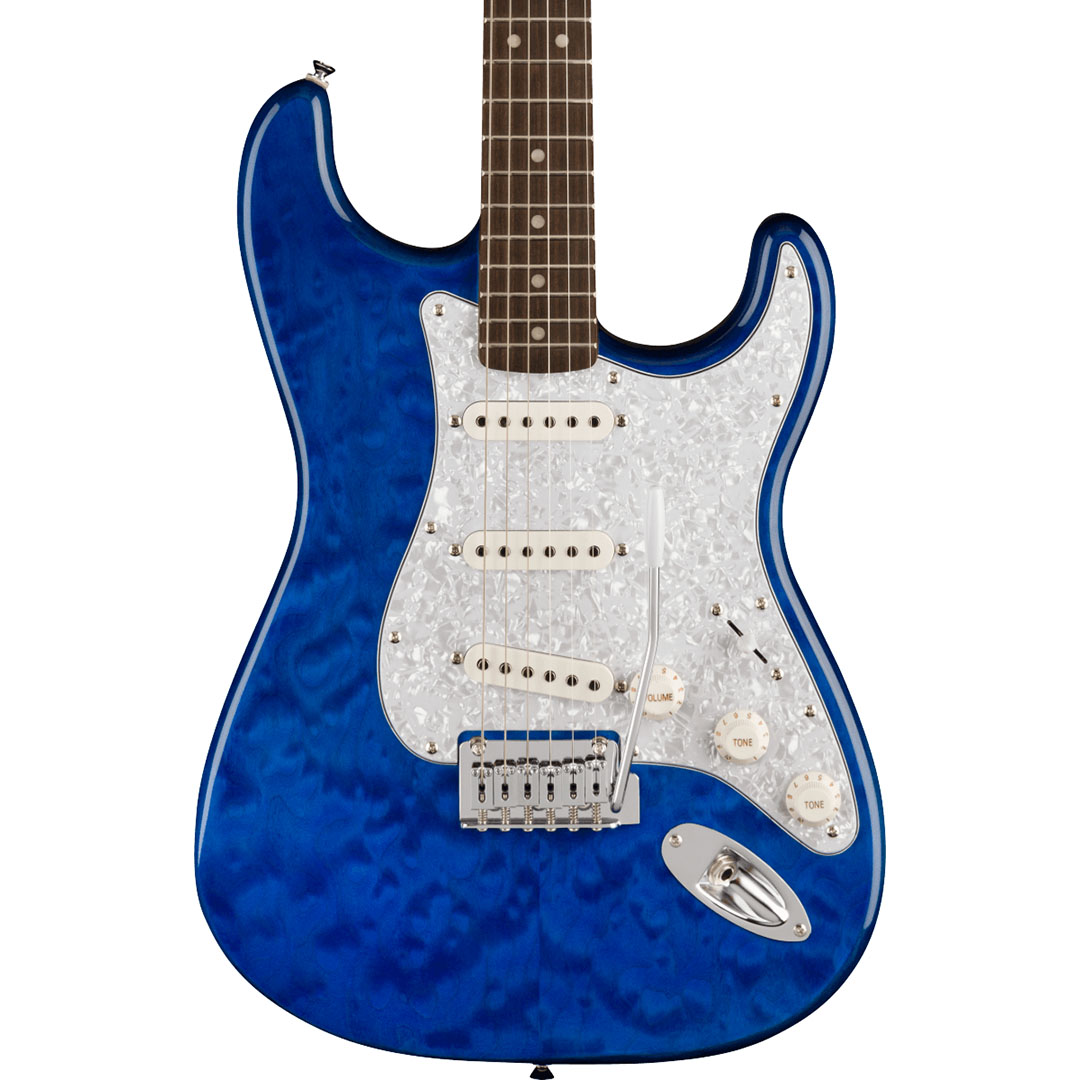 FSR Affinity Series™ Stratocaster® QMT, Laurel Fingerboard, White Pearloid Pickguard, Sapphire Blue Transparent