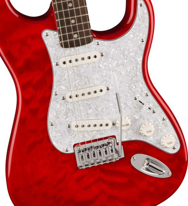 FSR Affinity Series™ Stratocaster® QMT, Laurel Fingerboard, White Pearloid Pickguard, Crimson Red Transparent - Image 3