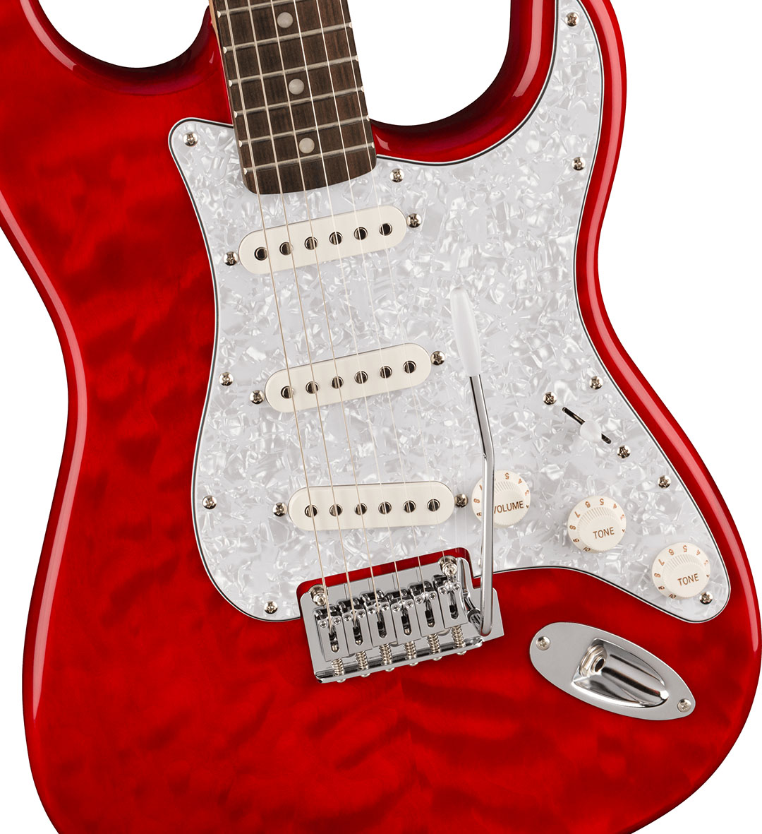 FSR Affinity Series™ Stratocaster® QMT, Laurel Fingerboard, White Pearloid Pickguard, Crimson Red Transparent - Image 3