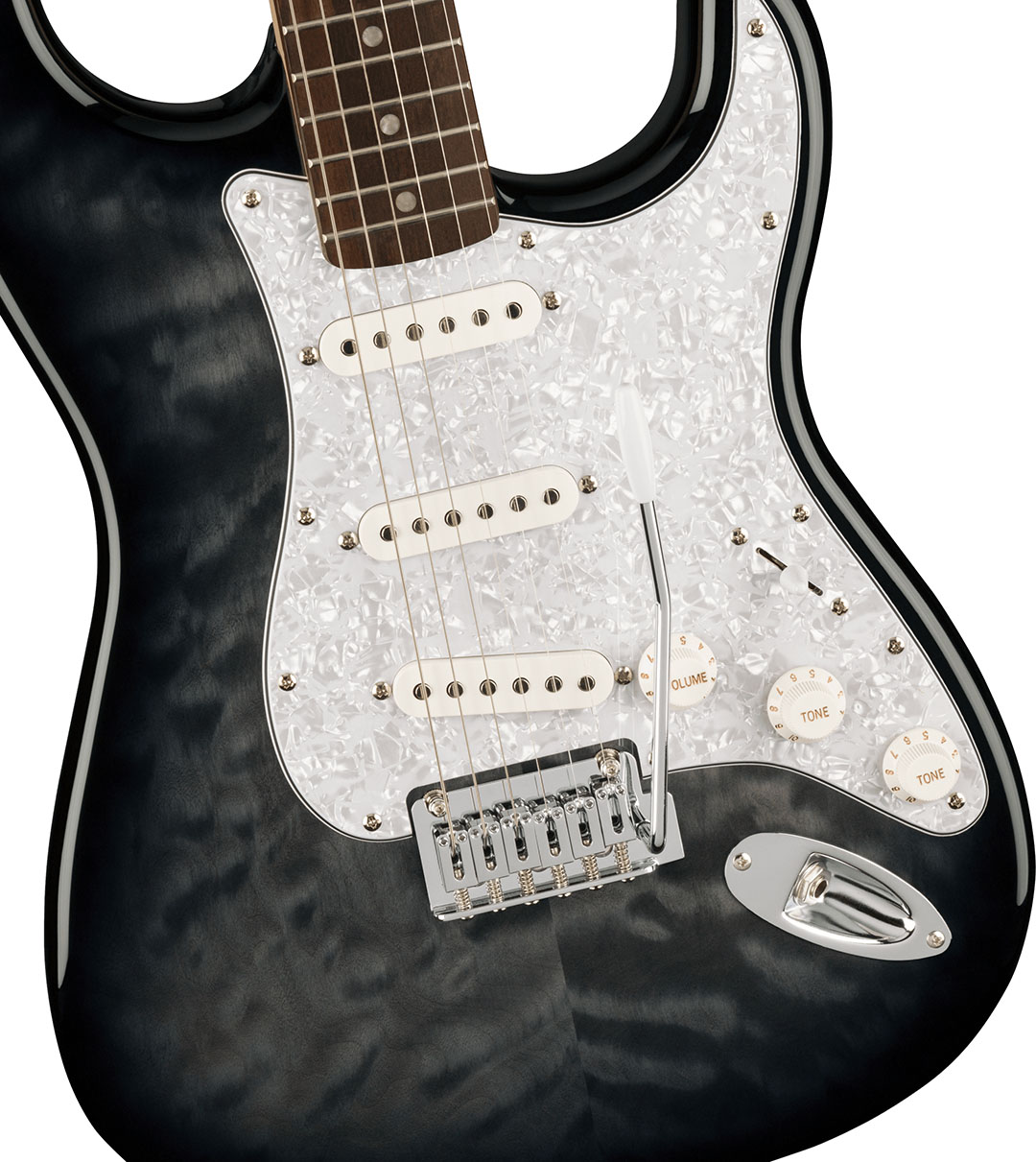 FSR Affinity Series™ Stratocaster® QMT, Laurel Fingerboard, White Pearloid Pickguard, Black Burst - Image 3