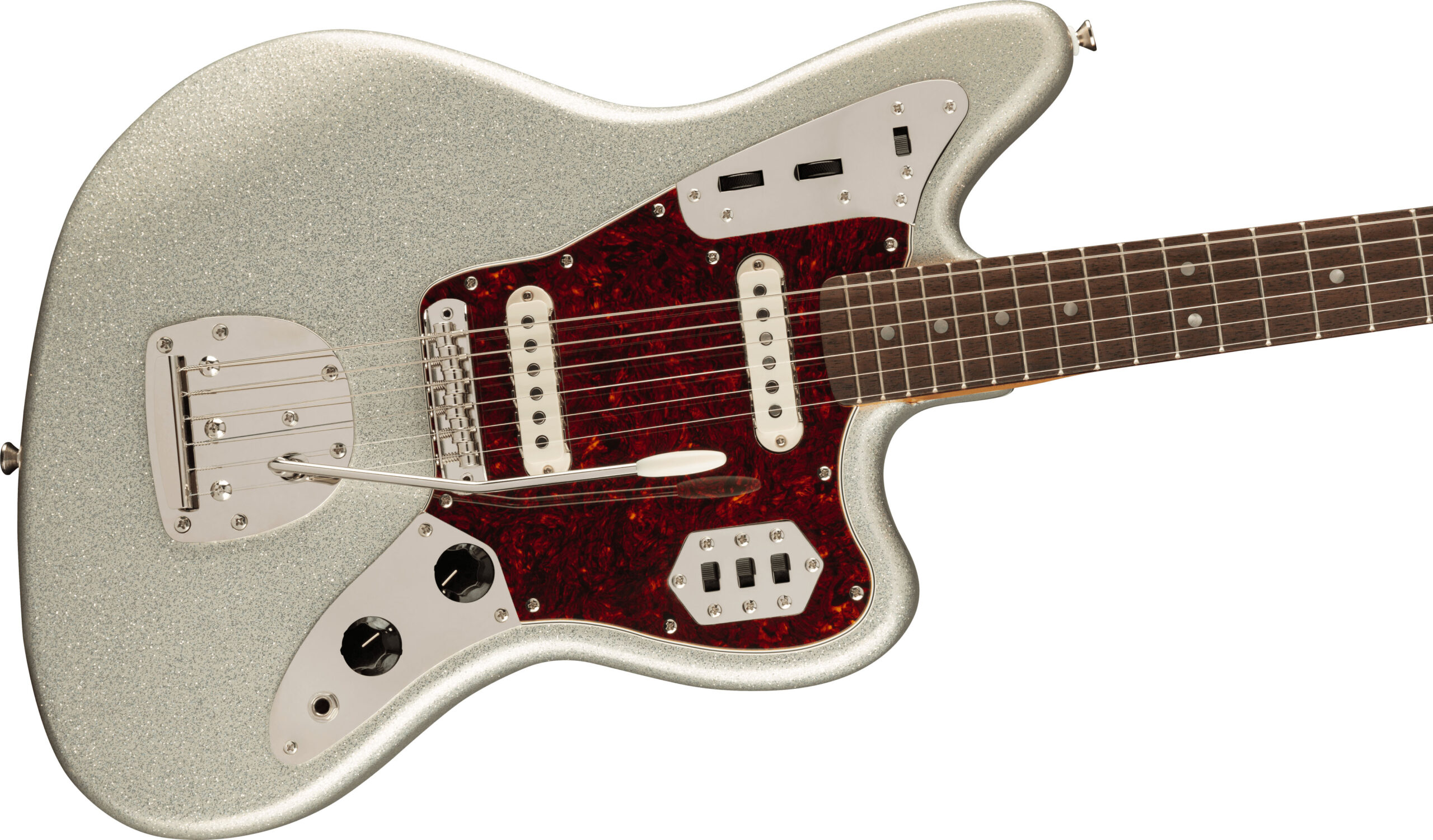 FSR Classic Vibe '60s Jaguar®, Laurel Fingerboard, Tortoiseshell Pickguard, Matching Headstock, Silver Sparkle - Image 5