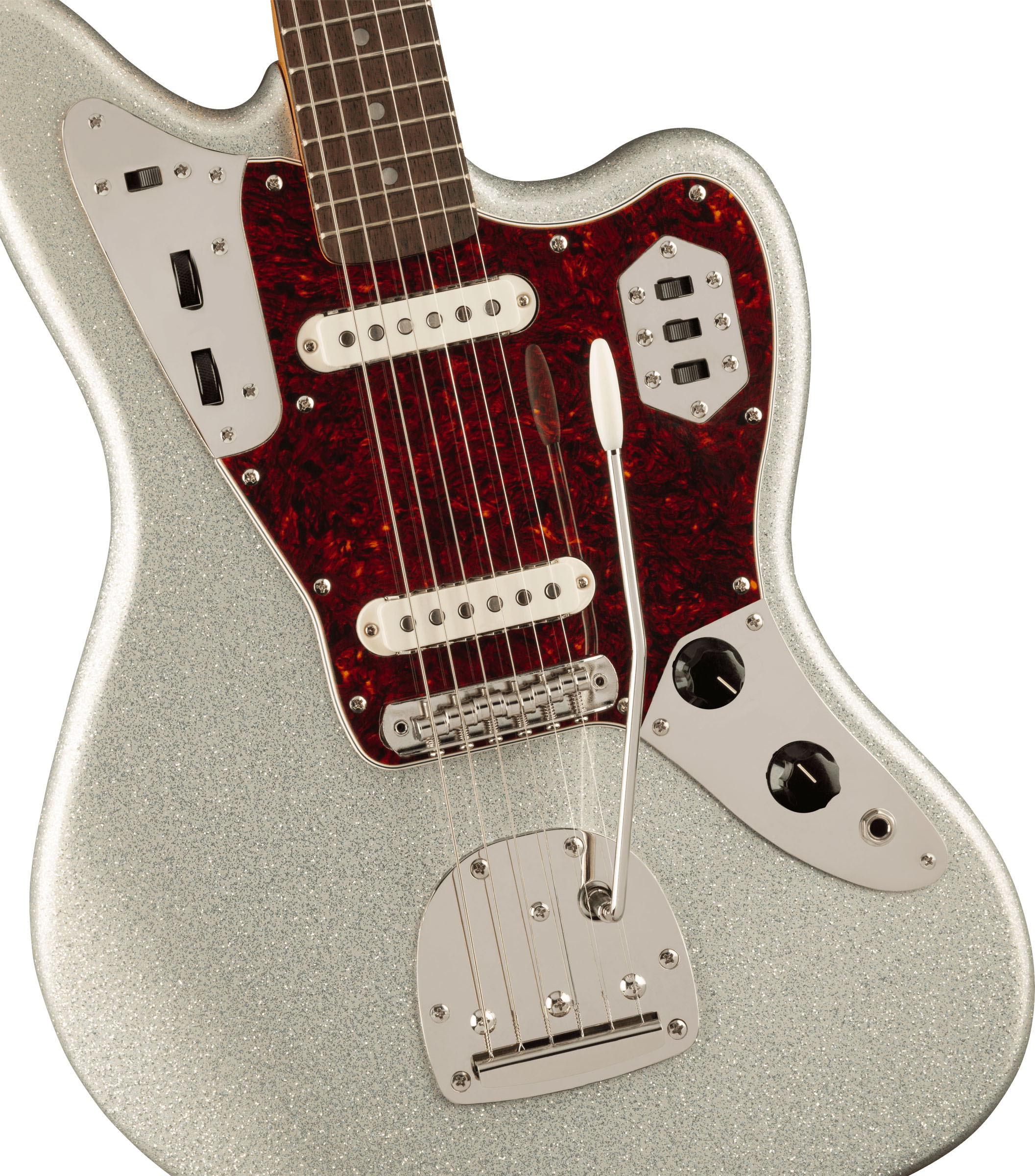 FSR Classic Vibe '60s Jaguar®, Laurel Fingerboard, Tortoiseshell Pickguard, Matching Headstock, Silver Sparkle - Image 4